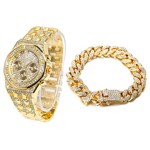 Halukakah Diamant Golduhr, Herren 18K Echt Vergoldet 40MM Breite Römische Zahlen Wählen Quarz Armband 22cm mit Kubanischer Link Kette 20cm Armband Set, mit Geschenkbox von Halukakah