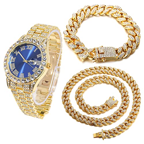 Halukakah Diamant Golduhr, Herren 18K Echt Vergoldet 42MM Breite Blau Wählen Quarz Armband 24cm mit Kubanischer Link Kette 20+45cm Halskette Armband Set, mit Geschenkbox von Halukakah