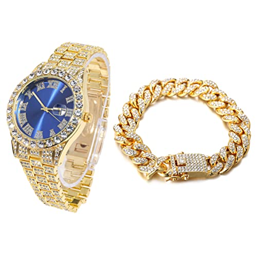 Halukakah Diamant Golduhr, Herren 18K Echt Vergoldet 42MM Breite Blau Wählen Quarz Armband 24cm mit Kubanischer Link Kette 20cm Armband Set, mit Geschenkbox von Halukakah