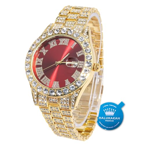 Halukakah Diamant Golduhr, Herren 18K Echt Vergoldet 42MM Breite Rot Wählen Quarz Armband 24cm, mit Geschenkbox von Halukakah