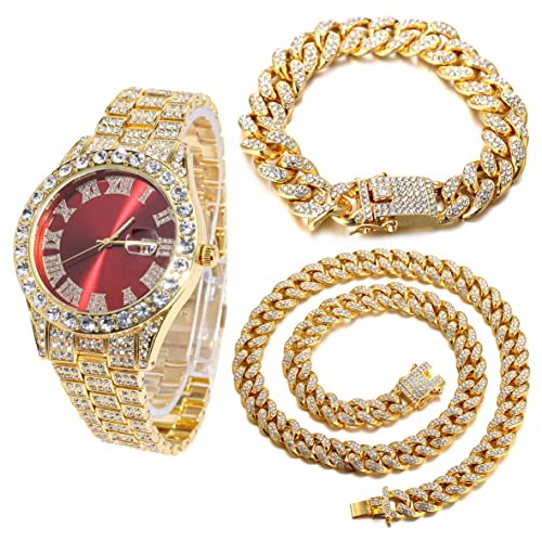 Halukakah Diamant Golduhr, Herren 18K Echt Vergoldet 42MM Breite Rot Wählen Quarz Armband 24cm mit Kubanischer Link Kette 20+45cm Halskette Armband Set, mit Geschenkbox von Halukakah