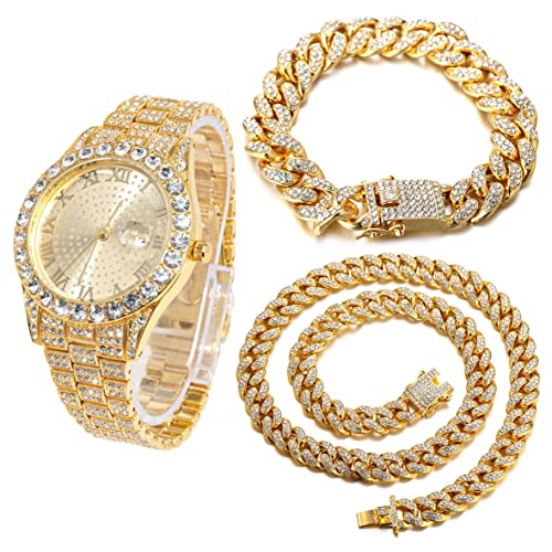 Halukakah Diamant Golduhr, Herren 18K Echt Vergoldet 42MM Breite Rund Wählen Quarz Armband 24cm mit Kubanischer Link Kette 20+45cm Halskette Armband Set, mit Geschenkbox von Halukakah