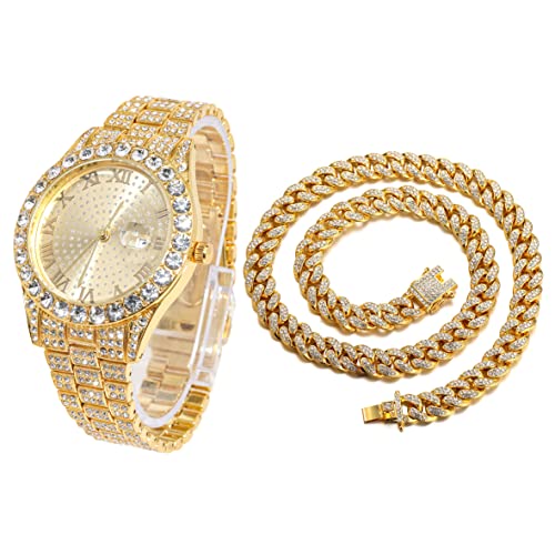 Halukakah Diamant Golduhr, Herren 18K Echt Vergoldet 42MM Breite Rund Wählen Quarz Armband 24cm mit Kubanischer Link Kette 45cm Halskette Set, mit Geschenkbox Halukakah Diamant Golduhr, Herren 18K Echt Vergoldet 42MM Breite Rund Wählen Quarz Armband 24cm mit Kubanischer Link Kette 45cm Halskette Set, mit Geschenkbox von Halukakah