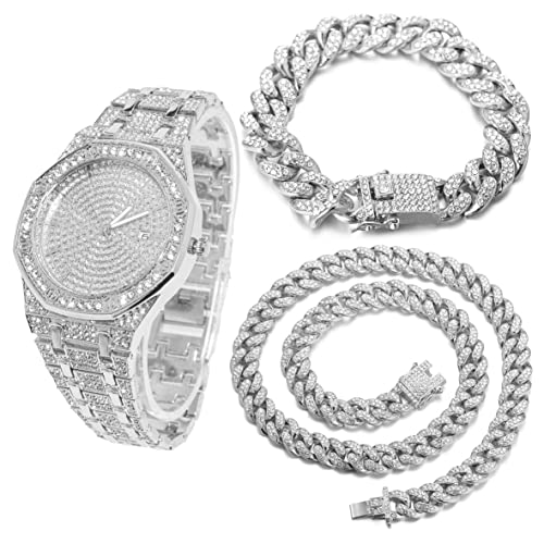 Halukaka Diamant Golduhr, Herren Platin Weiß Vergoldet 40MM Breite Achteckig Rund Wählen Quarz Armband 22cm mit Kubanischer Link Kette 20+45cm Halskette Armband Set, mit Geschenkbox von Halukakah