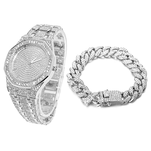 Halukakah Diamant Golduhr, Herren Platin Weiß Vergoldet 40MM Breite Achteckig Rund Wählen Quarz Armband 22cm mit Kubanischer Link Kette 20cm Armband Set, mit Geschenkbox von Halukakah