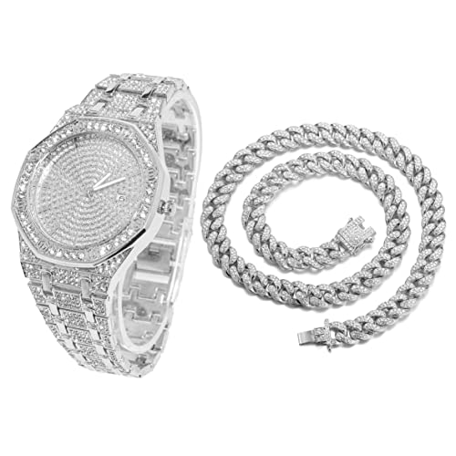 Halukaka Diamant Golduhr, Herren Platin Weiß Vergoldet 40MM Breite Achteckig Rund Wählen Quarz Armband 22cm mit Kubanischer Link Kette 45cm Halskette Set, mit Geschenkbox von Halukakah