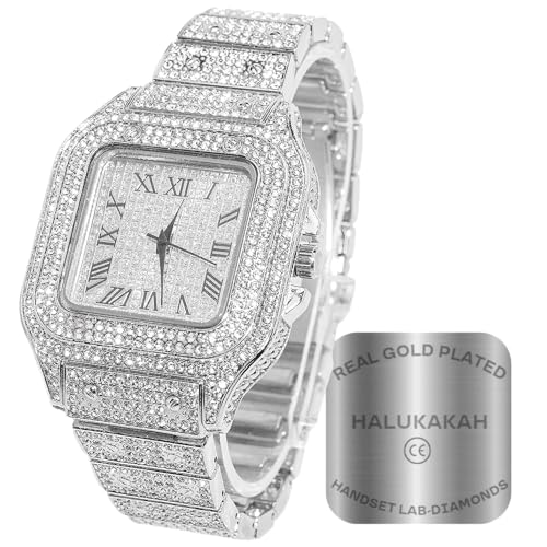 Halukakah Diamant Golduhr, Herren Platin Weiß Vergoldet 40MM Breite Quadrat Wählen Quarz Armband 24cm mit Geschenkbox von Halukakah
