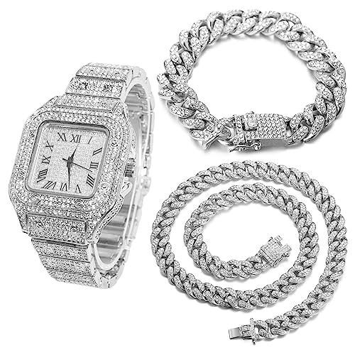 Halukakah Diamant Golduhr, Herren Platin Weiß Vergoldet 40MM Breite Quadrat Wählen Quarz Armband 24cm mit Kubanischer Link Kette 20+45cm Halskette Armband Set, mit Geschenkbox von Halukakah