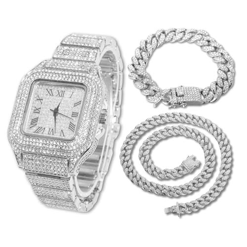 Halukakah Diamant Golduhr, Herren Platin Weiß Vergoldet 40MM Breite Quadrat Wählen Quarz Armband 24cm mit Kubanischer Link Kette 20+45cm Halskette Armband Set, mit Geschenkbox von Halukakah