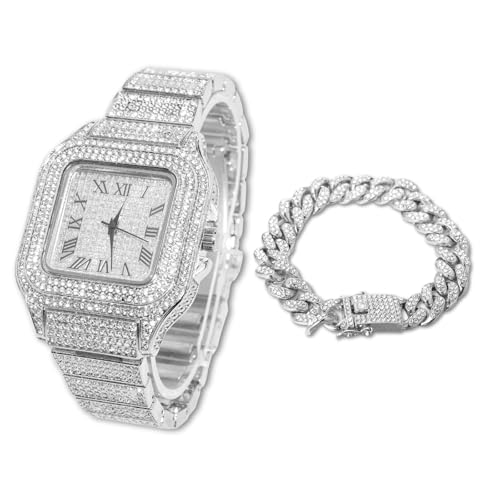 Halukakah Diamant Golduhr, Herren Platin Weiß Vergoldet 40MM Breite Quadrat Wählen Quarz Armband 24cm mit Kubanischer Link Kette 20cm Armband Set, mit Geschenkbox von Halukakah