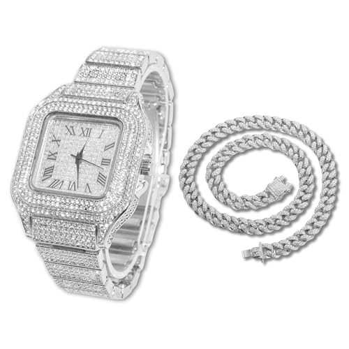 Halukakah Diamant Golduhr, Herren Platin Weiß Vergoldet 40MM Breite Quadrat Wählen Quarz Armband 24cm mit Kubanischer Link Kette 45cm Halskette Set, mit Geschenkbox Halukakah Diamant Golduhr, Herren Platin Weiß Vergoldet 40MM Breite Quadrat Wählen Quarz Armband 24cm mit Kubanischer Link Kette 45cm Halskette Set, mit Geschenkbox von Halukakah