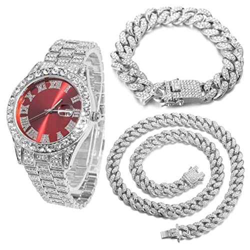 Halukakah Diamant Golduhr, Herren Platin Weiß Vergoldet 42MM Breite Rot Wählen Quarz Armband 24cm mit Kubanischer Link Kette 20+45cm Halskette Armband Set, mit Geschenkbox Halukakah Diamant Golduhr, Herren Platin Weiß Vergoldet 42MM Breite Rot Wählen Quarz Armband 24cm mit Kubanischer Link Kette 20+45cm Halskette Armband Set, mit Geschenkbox von Halukakah