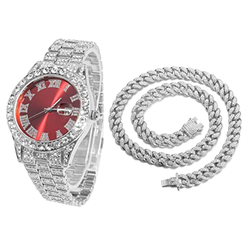 Halukakah Diamant Golduhr, Herren Platin Weiß Vergoldet 42MM Breite Rot Wählen Quarz Armband 24cm mit Kubanischer Link Kette 45cm Halskette Set, mit Geschenkbox Halukakah Diamant Golduhr, Herren Platin Weiß Vergoldet 42MM Breite Rot Wählen Quarz Armband 24cm mit Kubanischer Link Kette 45cm Halskette Set, mit Geschenkbox von Halukakah