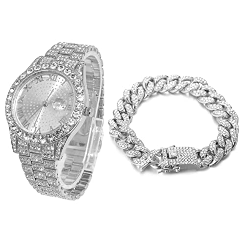 Halukakah Diamant Golduhr, Herren Platin Weiß Vergoldet 42MM Breite Rund Wählen Quarz Armband 24cm mit Kubanischer Link Kette 20cm Armband Set, mit Geschenkbox Halukakah Diamant Golduhr, Herren Platin Weiß Vergoldet 42MM Breite Rund Wählen Quarz Armband 24cm mit Kubanischer Link Kette 20cm Armband Set, mit Geschenkbox von Halukakah