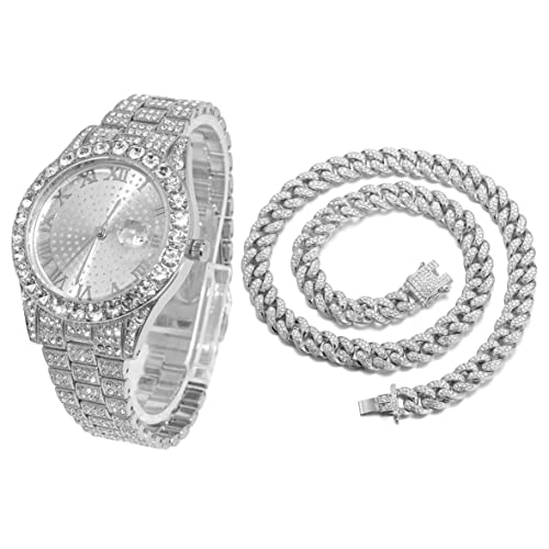Halukakah Diamant Golduhr, Herren Platin Weiß Vergoldet 42MM Breite Rund Wählen Quarz Armband 24cm mit Kubanischer Link Kette 45cm Halskette Set, mit Geschenkbox Halukakah Diamant Golduhr, Herren Platin Weiß Vergoldet 42MM Breite Rund Wählen Quarz Armband 24cm mit Kubanischer Link Kette 45cm Halskette Set, mit Geschenkbox von Halukakah