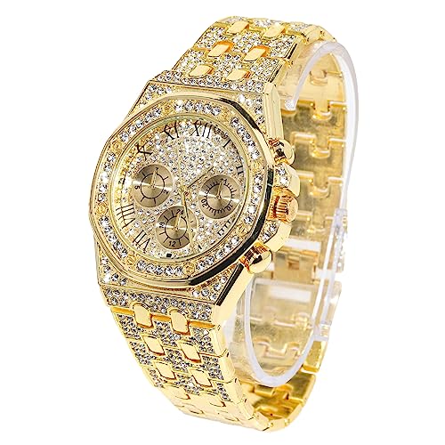 Halukakah Diamant Golduhr Iced Out, Männer 18k Echtgold Plattiert 20mm Breite Quarz Armband 22cm, mit Geschenkbox von Halukakah