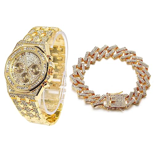 Halukakah Diamant Golduhr Iced Out, Männer 18k Echtgold Plattiert 20mm Breite Quarz Armband 22cm, mit Kubanische-Kette Armband 20cm, mit Geschenkbox von Halukakah