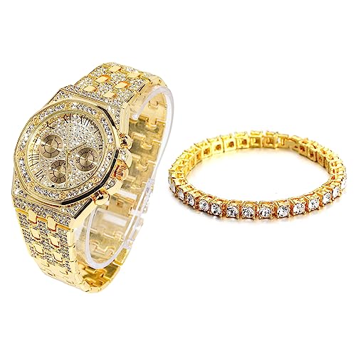 Halukakah Diamant Golduhr Iced Out, Männer 18k Echtgold Plattiert 20mm Breite Quarz Armband 22cm, mit Tennis-Ketten Armband 20cm, Kommt mit Geschenkbox Halukakah Diamant Golduhr Iced Out, Männer 18k Echtgold Plattiert 20mm Breite Quarz Armband 22cm, mit Tennis-Ketten Armband 20cm, Kommt mit Geschenkbox von Halukakah