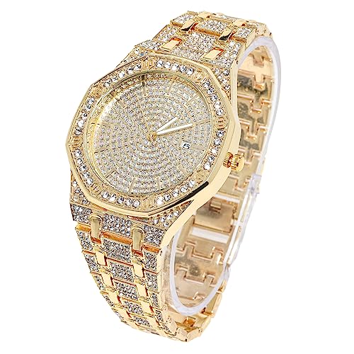 Halukakah Diamant Golduhr Iced Out, Männer 18k Echtgold Plattiert Quarz Armband 22cm Achteckiges Zifferblatt, Kommt mit Geschenkbox von Halukakah