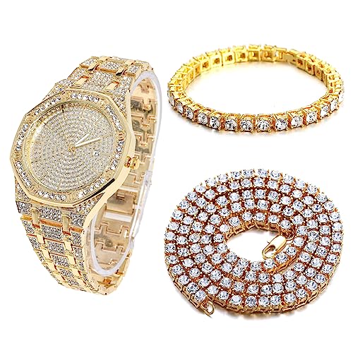 Halukakah Diamant Golduhr Iced Out, Männer 18k Echtgold Plattiert Quarz Armband 22cm Achteckiges Zifferblatt, mit Tennis-Ketten Armband 20cm + Halskette 45cm, Kommt mit Geschenkbox von Halukakah