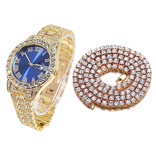 Halukakah Diamant Golduhr Iced Out, Männer 18k Echtgold Plattiert Quarz Armband 24cm Blaues Zifferblatt, mit Tennis-Ketten Halskette 45cm, Kommt mit Geschenkbox Halukakah Diamant Golduhr Iced Out, Männer 18k Echtgold Plattiert Quarz Armband 24cm Blaues Zifferblatt, mit Tennis-Ketten Halskette 45cm, Kommt mit Geschenkbox von Halukakah