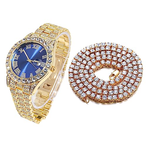 Halukakah Diamant Golduhr Iced Out, Männer 18k Echtgold Plattiert Quarz Armband 24cm Blaues Zifferblatt, mit Tennis-Ketten Halskette 45cm, Kommt mit Geschenkbox von Halukakah