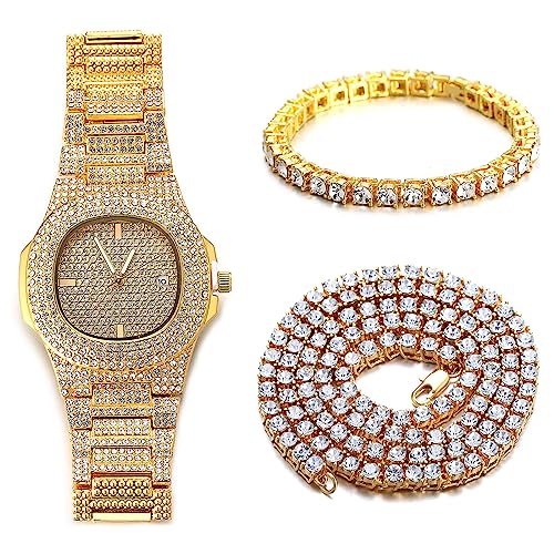 Halukakah Diamant Golduhr Iced Out, Männer 18k Echtgold Plattiert Quarz Armband 24cm Ovales Zifferblatt, mit Tennis-Ketten Armband 20cm + Halskette 45cm, Kommt mit Geschenkbox von Halukakah