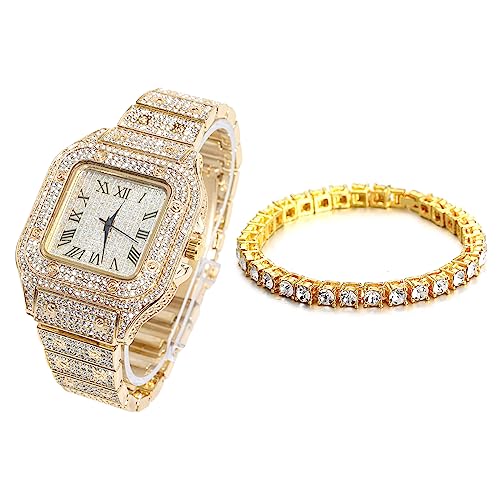 Halukakah Diamant Golduhr Iced Out, Männer 18k Echtgold Plattiert Quarz Armband 24cm Quadratisch Zifferblatt, mit Tennis-Ketten Armband 20cm, Kommt mit Geschenkbox von Halukakah