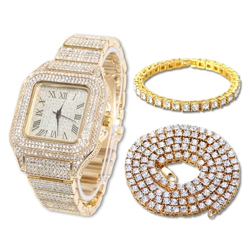Halukakah Diamant Golduhr Iced Out, Männer 18k Echtgold Plattiert Quarz Armband 24cm Quadratisch Zifferblatt, mit Tennis-Ketten Armband 20cm + Halskette 45cm, Kommt mit Geschenkbox von Halukakah