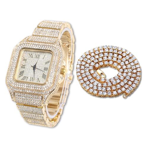 Halukakah Diamant Golduhr Iced Out, Männer 18k Echtgold Plattiert Quarz Armband 24cm Quadratisch Zifferblatt, mit Tennis-Ketten Halskette 45cm, Kommt mit Geschenkbox von Halukakah