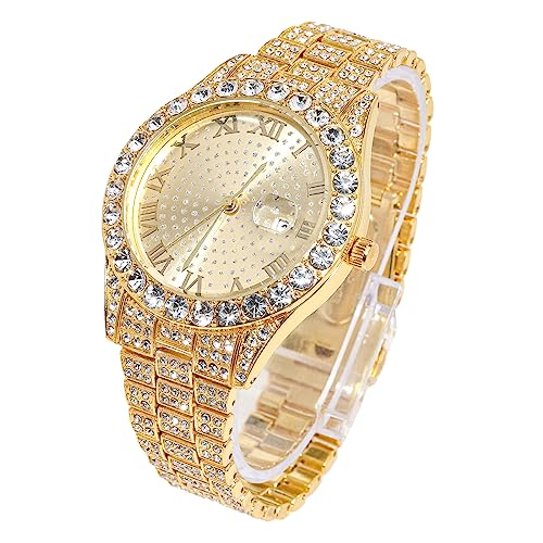 Halukakah Diamant Golduhr Iced Out, Männer 18k Echtgold Plattiert Quarz Armband 24cm Rundes Zifferblatt, Kommt mit Geschenkbox Halukakah Diamant Golduhr Iced Out, Männer 18k Echtgold Plattiert Quarz Armband 24cm Rundes Zifferblatt, Kommt mit Geschenkbox von Halukakah