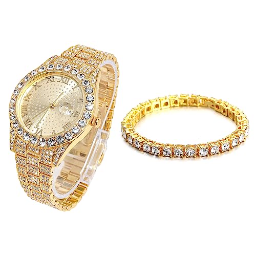 Halukakah Diamant Golduhr Iced Out, Männer 18k Echtgold Plattiert Quarz Armband 24cm Rundes Zifferblatt, mit Tennis-Ketten Armband 20cm, Kommt mit Geschenkbox von Halukakah