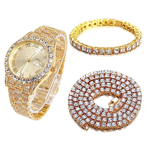 Halukakah Diamant Golduhr Iced Out, Männer 18k Echtgold Plattiert Quarz Armband 24cm Rundes Zifferblatt, mit Tennis-Ketten Armband 20cm + Halskette 45cm, Kommt mit Geschenkbox von Halukakah