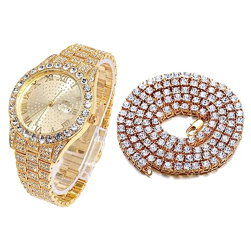 Halukakah Diamant Golduhr Iced Out, Männer 18k Echtgold Plattiert Quarz Armband 24cm Rundes Zifferblatt, mit Tennis-Ketten Halskette 45cm, Kommt mit Geschenkbox von Halukakah