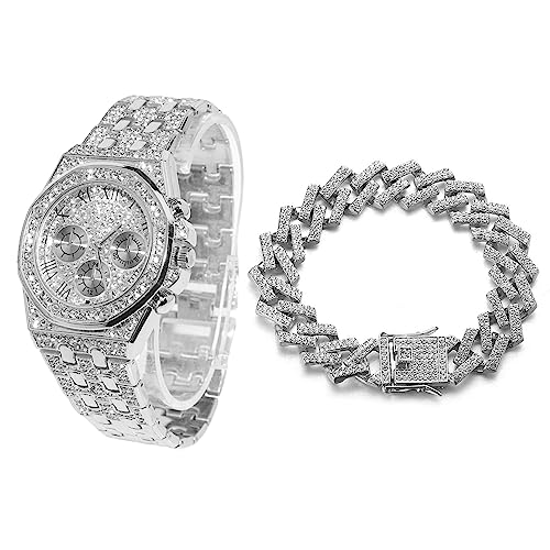 Halukakah Diamant Golduhr Iced Out, Männer Platin Weißgold Plattiert 20mm Breite Quarz Armband 22cm, mit Kubanische-Kette Armband 20cm, mit Geschenkbox von Halukakah