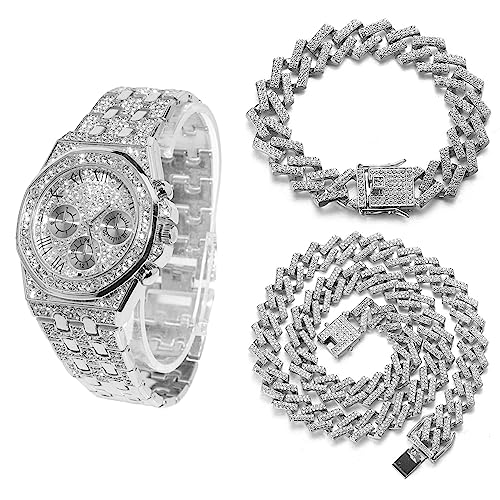 Halukakah Diamant Golduhr Iced Out, Männer Platin Weißgold Plattiert 20mm Breite Quarz Armband 22cm, mit Kubanische-Kette Armband 20cm + Halskette 45cm, mit Geschenkbox von Halukakah