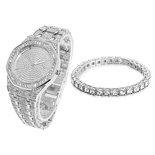 Halukakah Diamant Golduhr Iced Out, Männer Platin Weißgold Plattiert Quarz Armband 22cm Achteckiges Zifferblatt, mit Tennis-Ketten Armband 20cm, Kommt mit Geschenkbox Halukakah Diamant Golduhr Iced Out, Männer Platin Weißgold Plattiert Quarz Armband 22cm Achteckiges Zifferblatt, mit Tennis-Ketten Armband 20cm, Kommt mit Geschenkbox von Halukakah