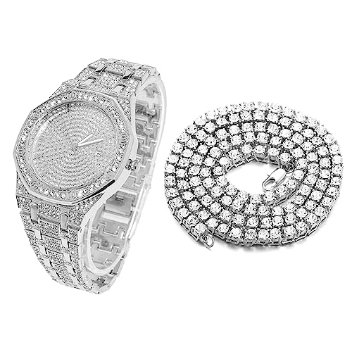 Halukakah Diamant Golduhr Iced Out, Männer Platin Weißgold Plattiert Quarz Armband 22cm Achteckiges Zifferblatt, mit Tennis-Ketten Halskette 45cm, Kommt mit Geschenkbox Halukakah Diamant Golduhr Iced Out, Männer Platin Weißgold Plattiert Quarz Armband 22cm Achteckiges Zifferblatt, mit Tennis-Ketten Halskette 45cm, Kommt mit Geschenkbox von Halukakah