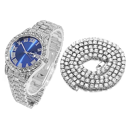 Halukakah Diamant Golduhr Iced Out, Männer Platin Weißgold Plattiert Quarz Armband 24cm Blaues Zifferblatt, mit Tennis-Ketten Halskette 45cm, Kommt mit Geschenkbox Halukakah Diamant Golduhr Iced Out, Männer Platin Weißgold Plattiert Quarz Armband 24cm Blaues Zifferblatt, mit Tennis-Ketten Halskette 45cm, Kommt mit Geschenkbox von Halukakah