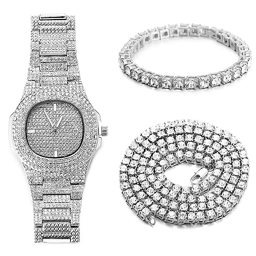 Halukakah Diamant Golduhr Iced Out, Männer Platin Weißgold Plattiert Quarz Armband 24cm Ovales Zifferblatt, mit Tennis-Ketten Armband 20cm + Halskette 45cm, Kommt mit Geschenkbox Halukakah Diamant Golduhr Iced Out, Männer Platin Weißgold Plattiert Quarz Armband 24cm Ovales Zifferblatt, mit Tennis-Ketten Armband 20cm + Halskette 45cm, Kommt mit Geschenkbox von Halukakah