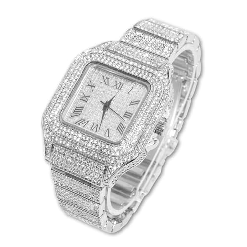 Halukakah Diamant Golduhr Iced Out, Männer Platin Weißgold Plattiert Quarz Armband 24cm Quadratisch Zifferblatt, Kommt mit Geschenkbox von Halukakah
