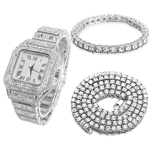 Halukakah Diamant Golduhr Iced Out, Männer Platin Weißgold Plattiert Quarz Armband 24cm Quadratisch Zifferblatt, mit Tennis-Ketten Armband 20cm + Halskette 45cm, Kommt mit Geschenkbox von Halukakah