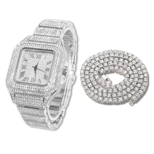 Halukakah Diamant Golduhr Iced Out, Männer Platin Weißgold Plattiert Quarz Armband 24cm Quadratisch Zifferblatt, mit Tennis-Ketten Halskette 45cm, Kommt mit Geschenkbox von Halukakah