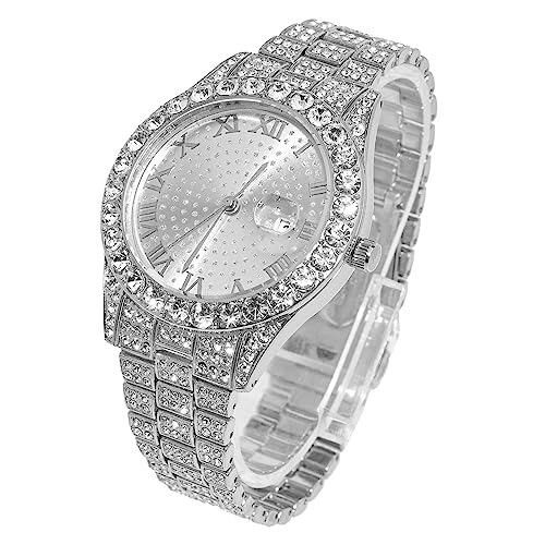 Halukakah Diamant Golduhr Iced Out, Männer Platin Weißgold Plattiert Quarz Armband 24cm Rundes Zifferblatt, Kommt mit Geschenkbox von Halukakah