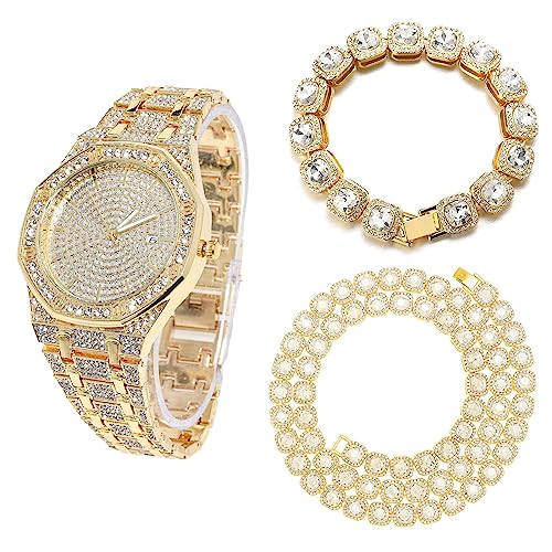 Halukakah Diamant Golduhr für Männer, 18k Echtgold Plattiert Quarz Armband 22cm Achteckiges Zifferblatt,mit Diamant-Cluster Tennis-Ketten Armband 20cm + Halskette 45cm,mit Geschenkbox von Halukakah