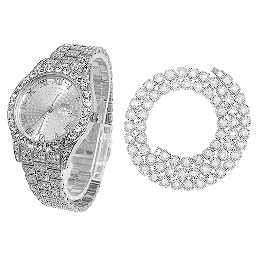 Halukakah Diamant Golduhr für Männer, Platin Weißgold Plattiert Quarz Armband 24cm Rundes Zifferblatt,mit Diamant-Cluster Tennis-Ketten Halskette 45cm,mit Geschenkbox von Halukakah