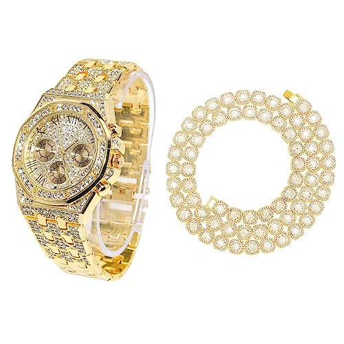 Halukakah Diamant Golduhr für Männer,18k Echtgold Plattiert 20mm Breite Quarz Armband 22cm,mit Diamant-Cluster Tennis-Ketten Halskette 45cm,mit Geschenkbox von Halukakah
