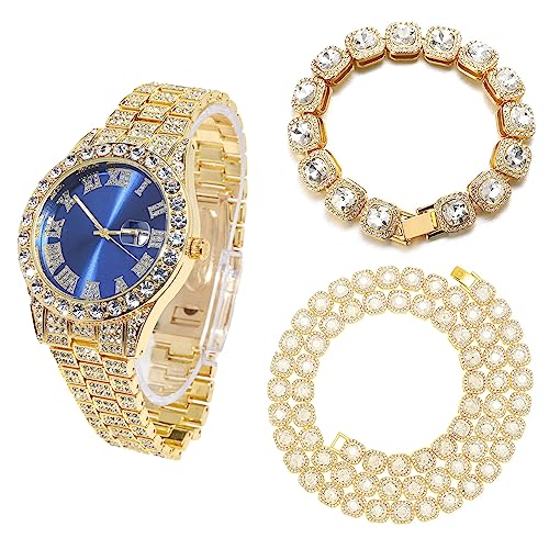 Halukakah Diamant Golduhr für Männer,18k Echtgold Plattiert Quarz Armband 24cm Blaues Zifferblatt,mit Diamant-Cluster Tennis-Ketten Armband 20cm + Halskette 45cm,mit Geschenkbox von Halukakah