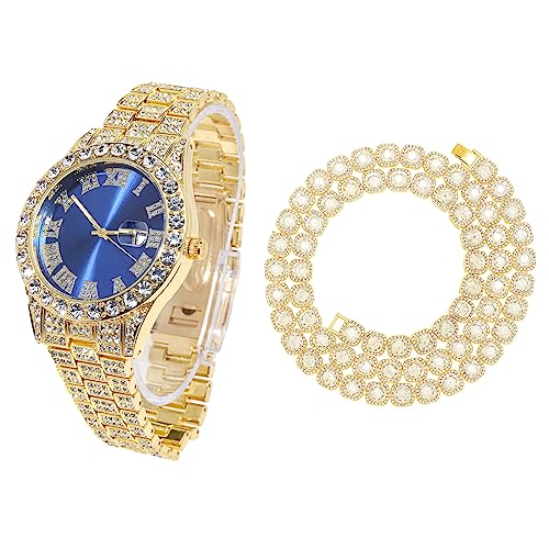 Halukakah Diamant Golduhr für Männer,18k Echtgold Plattiert Quarz Armband 24cm Blaues Zifferblatt,mit Diamant-Cluster Tennis-Ketten Halskette 45cm,mit Geschenkbox von Halukakah