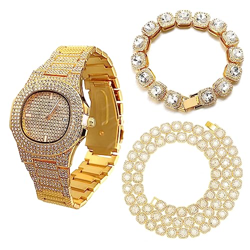 Halukakah Diamant Golduhr für Männer,18k Echtgold Plattiert Quarz Armband 24cm Ovales Zifferblatt,mit Diamant-Cluster Tennis-Ketten Armband 20cm + Halskette 45cm,mit Geschenkbox von Halukakah